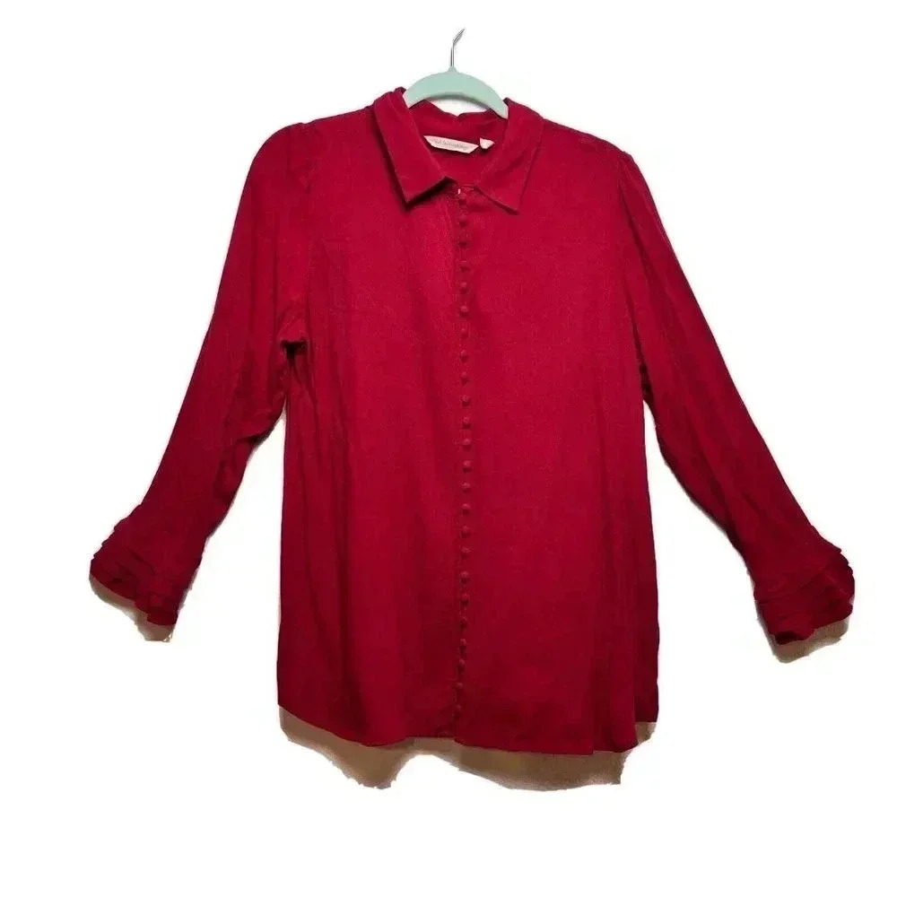 Soft Surroundings Womens‎ Maroon Red Poet Ruffle Cuff Blouse Sz Petite L Cottage